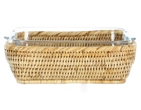 Plat pyrex carré avec support en rotin naturel Plat pyrex carré avec support en rotin naturel