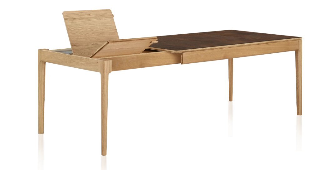 Extendable table for 6 to 10 people in oak and ceramic with wooden extensions with natural stained wood and oxidised brown ceramic top 140x90 cm Extendable table for 6 to 10 people in oak and ceramic with wooden extensions with natural stained wood and oxidised brown ceramic top 140x90 cm