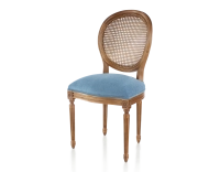 Chaise ancienne style Louis XVI bois teinte ancienne dossier canné assise tissu bleu jeans Chaise ancienne style Louis XVI bois teinte ancienne dossier canné assise tissu bleu jeans