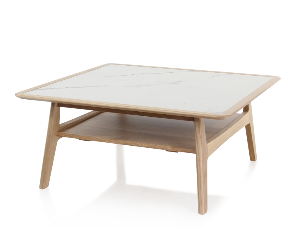 Table basse carrée en chêne et céramique avec bois teinte naturelle plateau céramique effet marbre blanc 100x100 cm Table basse carrée en chêne et céramique avec bois teinte naturelle plateau céramique effet marbre blanc 100x100 cm