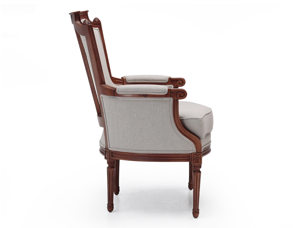 Louis XVI style bergère armchair wood antique stain and natural beige fabric Louis XVI style bergère armchair wood antique stain and natural beige fabric