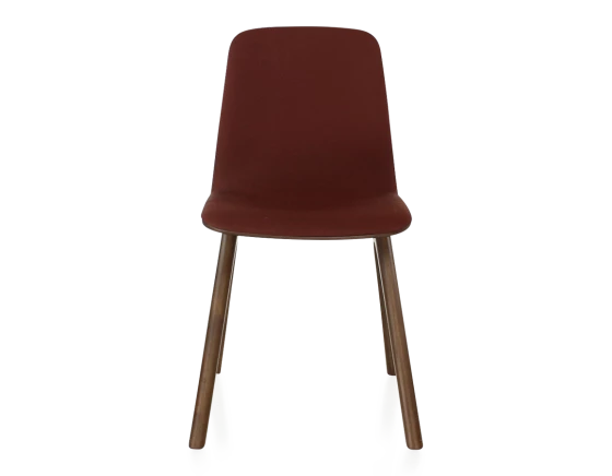 Chaise design en chêne tapissé bois teinte marron foncé assise tissu bordeaux