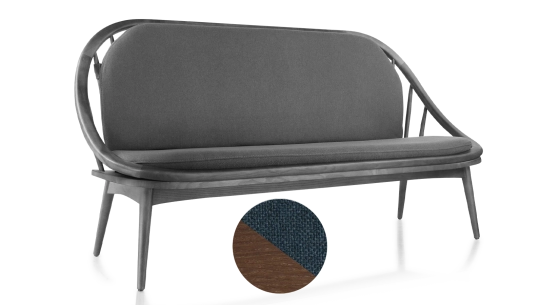 2 seater Scandinavian sofa dark brown stained wood and ocean blue fabric