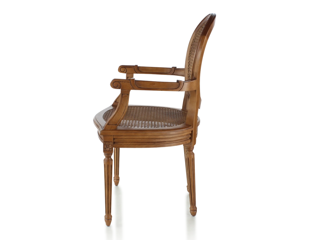 Chaise ancienne style Louis XVI avec accoudoirs bois teinte ancienne assise et dossier cannés Chaise ancienne style Louis XVI avec accoudoirs bois teinte ancienne assise et dossier cannés