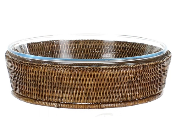 Plat pyrex rond avec support en rotin brun