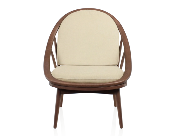 Fauteuil scandinave bois teinte noyer et tissu crème