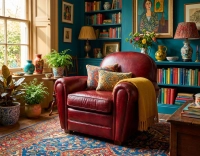 Fauteuil club cuir rouge carmin accoudoirs passepoil