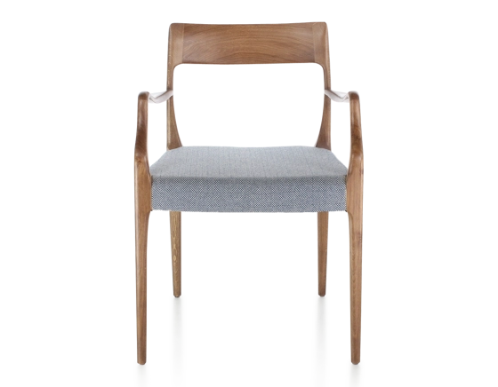 Scandinavian armchair with armrests walnut-stained wood, blue chevron fabric seat