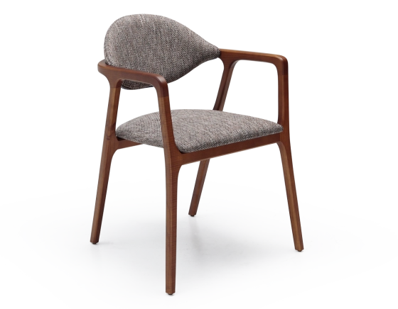 Designer armchair cherry wood stain and brown mottled fabric