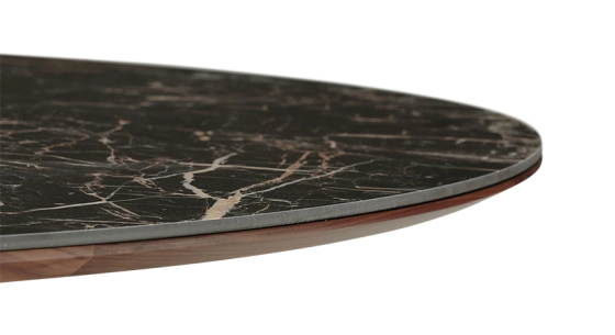 Table salle à manger ronde en noyer et céramique 6 personnes avec bois teinte naturelle et plateau céramique effet marbre noir m2 120x120