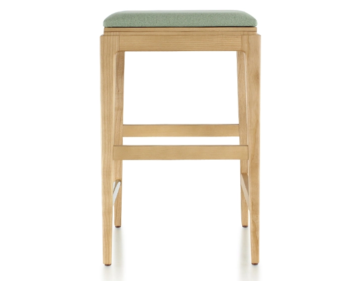 Tabouret de bar design H60 cm bois teinte naturelle assise tissu vert sauge Tabouret de bar design H60 cm bois teinte naturelle assise tissu vert sauge
