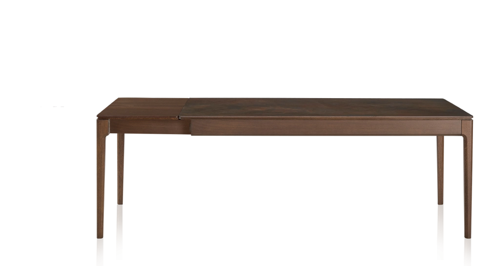 Table extensible 6 à 10 personnes en chêne et céramique allonges bois avec bois teinte marron foncé et plateau céramique brun oxydé 140x90 cm Table extensible 6 à 10 personnes en chêne et céramique allonges bois avec bois teinte marron foncé et plateau céramique brun oxydé 140x90 cm