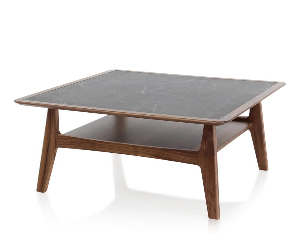 Table basse carré en noyer et céramique bois teinte naturelle plateau céramique effet ardoise 100x100 cm Table basse carré en noyer et céramique bois teinte naturelle plateau céramique effet ardoise 100x100 cm