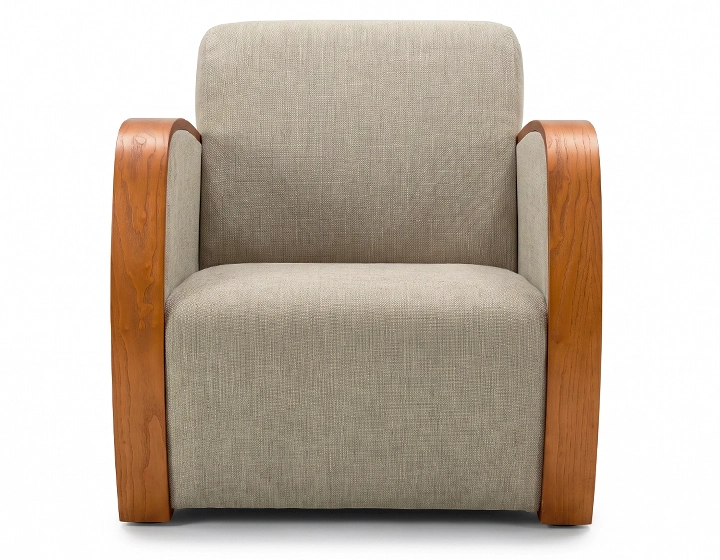 Fauteuil design bois teinte merisier et tissu vert bambou