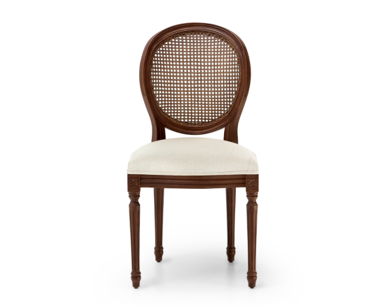 Chaise ancienne style Louis XVI bois teinte marron foncée dossier canné assise tissu chevron beige