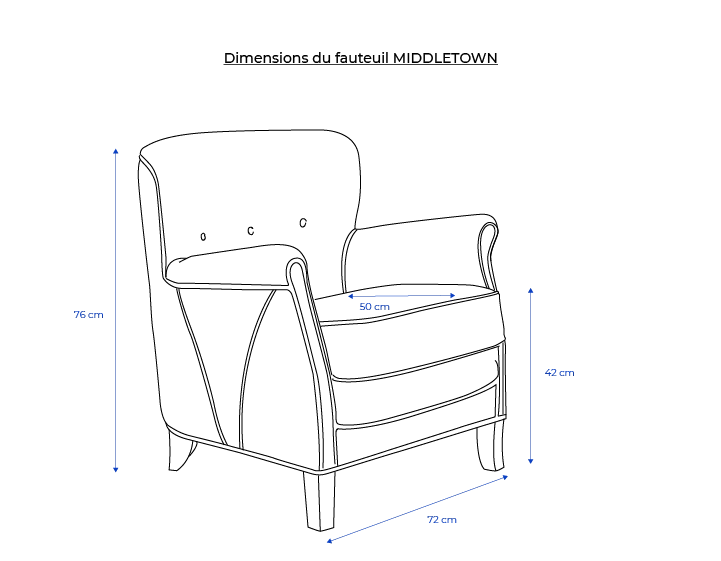 Fauteuil club cuir bleu accoudoirs cloutés