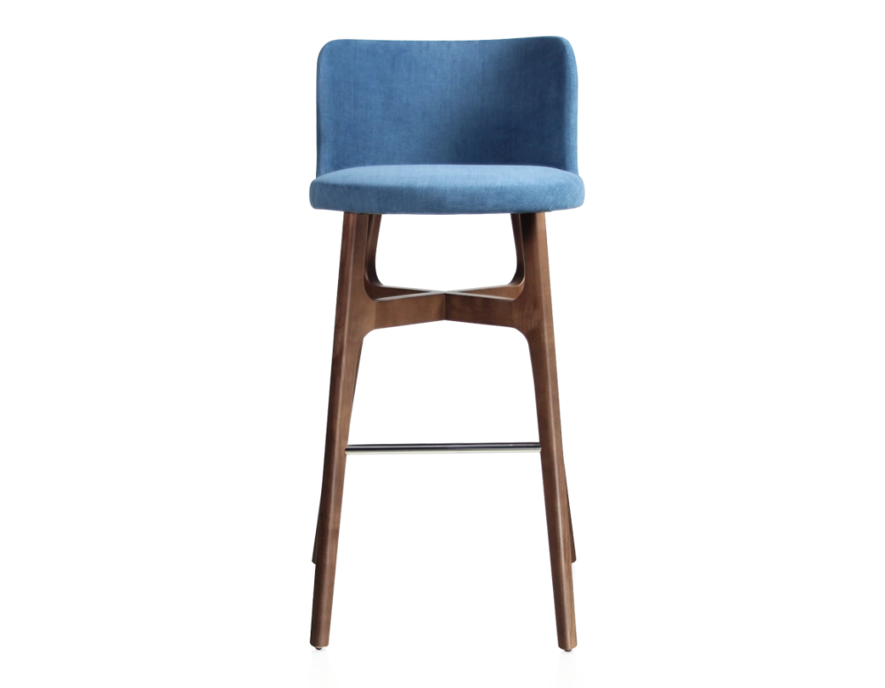 Tabouret de bar h80 cm bois teinte marron foncée assise tissu bleu jeans Tabouret de bar h80 cm bois teinte marron foncée assise tissu bleu jeans
