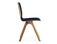 Upholstered oak designer chair natural tint wood, navy blue fabric seat Upholstered oak designer chair natural tint wood, navy blue fabric seat