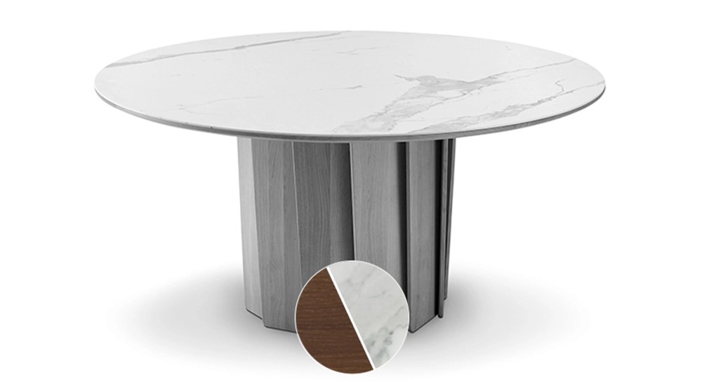 Round dining table in oak and ceramic for 6 people with dark brown stained wood and white marble effect ceramic top 120 cm Round dining table in oak and ceramic for 6 people with dark brown stained wood and white marble effect ceramic top 120 cm
