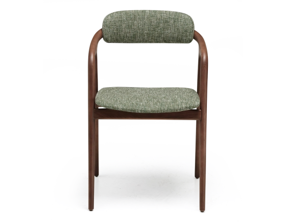 Scandinavian chair walnut wood with a beige mottled green fabric seat.