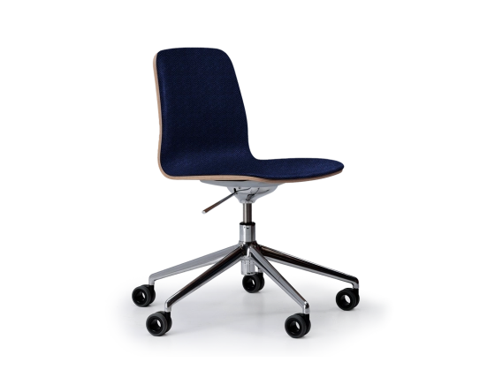 Design office chair aluminum metal base with casters, deep blue fabric seat