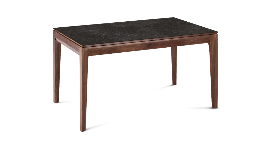 Table extensible en noyer et céramique 6 à 10 personnes allonges céramique avec bois teinte naturelle et plateau et allonges céramique effet ardoise 140x90 cm