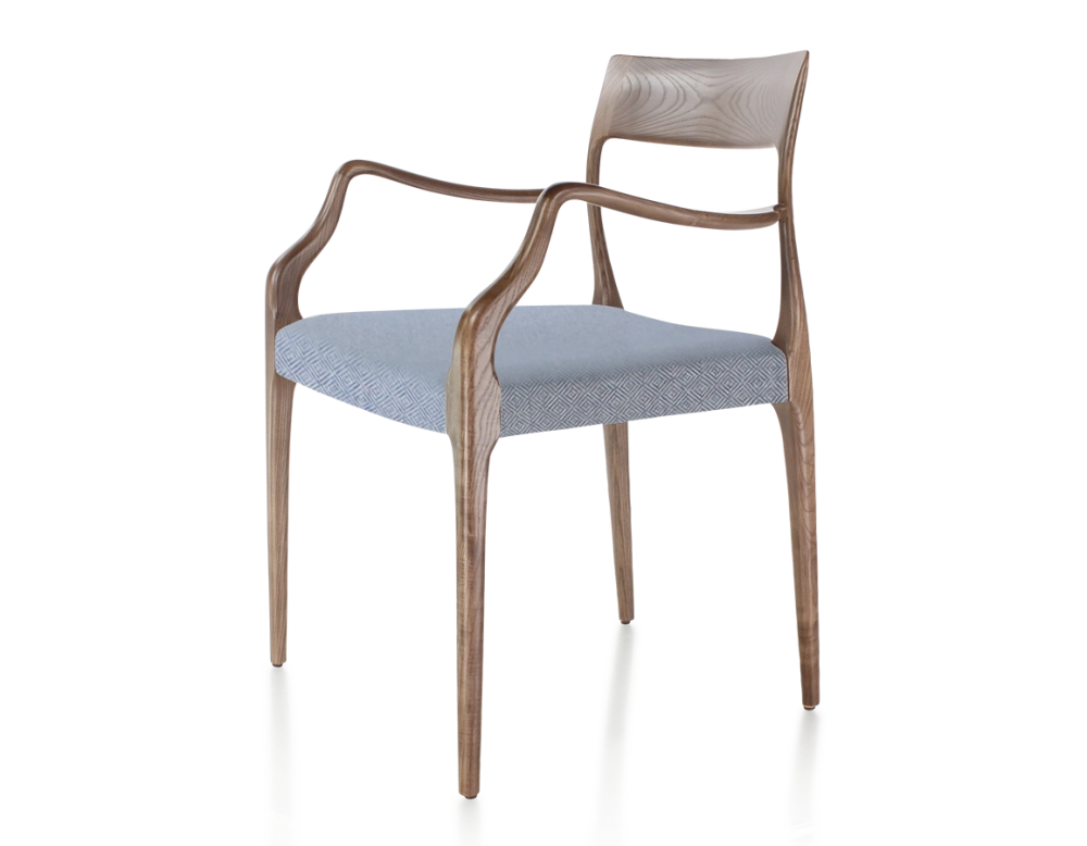 Chaise scandinave avec accoudoirs bois teinte marron foncé assise tissu chevron bleu Chaise scandinave avec accoudoirs bois teinte marron foncé assise tissu chevron bleu