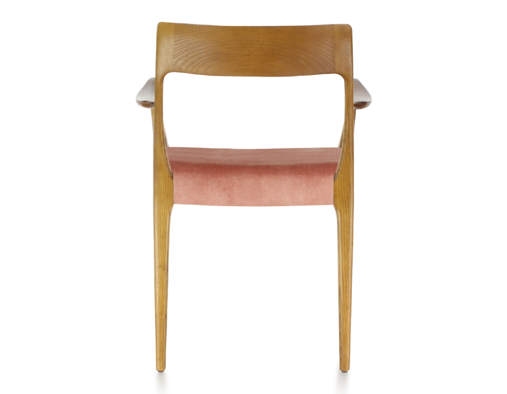 Scandinavian armchair with armrests cherry-stained wood, pale pink velvet seat Scandinavian armchair with armrests cherry-stained wood, pale pink velvet seat