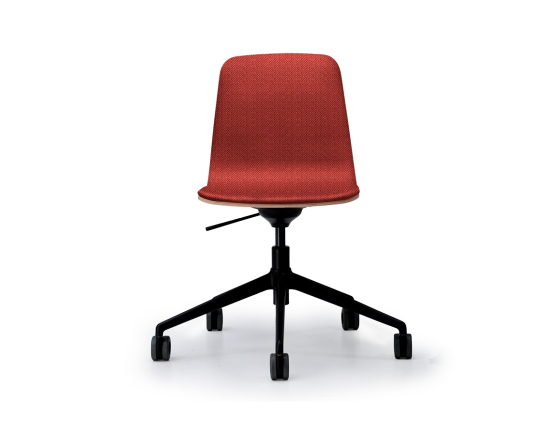 Design office chair black metal base with red purple fabric seat on casters