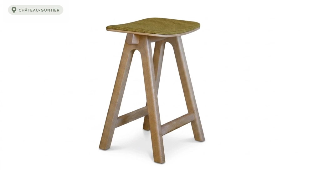 Tabouret de bar en chêne tapissé H60 cm bois teinte naturelle assise tissu chiné jaune