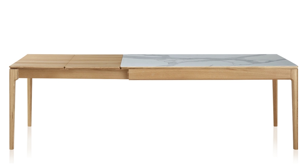 Extendable table for 8 to 14 people in oak and ceramic with wooden extensions with natural stained wood and white marble effect ceramic top 210x100 cm Extendable table for 8 to 14 people in oak and ceramic with wooden extensions with natural stained wood and white marble effect ceramic top 210x100 cm