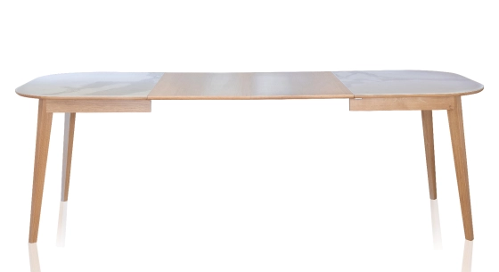 Extendable table for 6 to 10 people in oak and ceramic with wooden extensions with natural stained wood and white marble effect ceramic top 140x90 cm