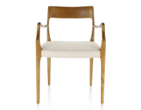 Scandinavian armchair with armrests cherry-stained wood, beige chevron fabric seat Scandinavian armchair with armrests cherry-stained wood, beige chevron fabric seat