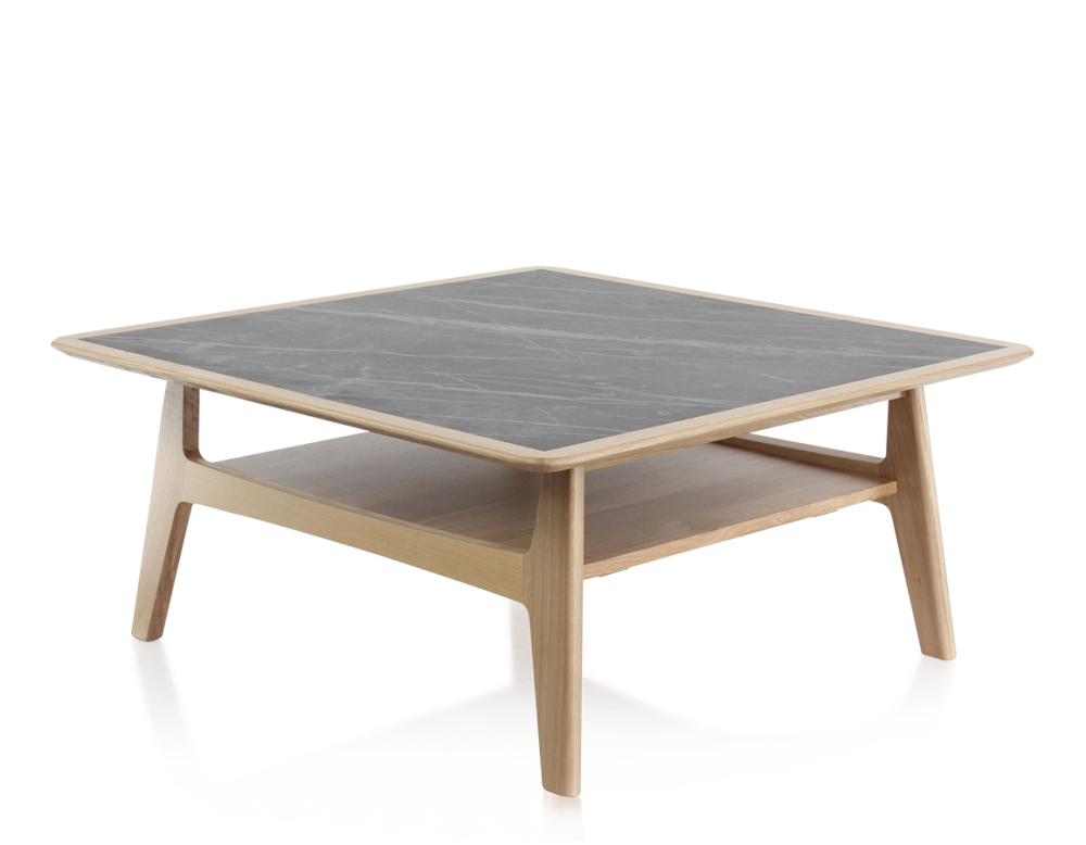 Table basse carrée en chêne et céramique avec bois teinte naturelle plateau céramique effet marbre noir 100x100 cm Table basse carrée en chêne et céramique avec bois teinte naturelle plateau céramique effet marbre noir 100x100 cm