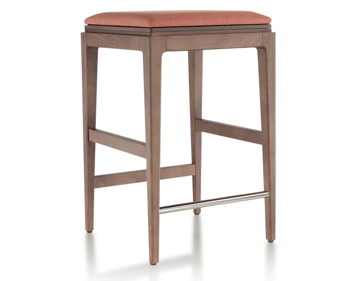 Tabouret de bar design H60 cm bois teinte noyer assise tissu rose corail Tabouret de bar design H60 cm bois teinte noyer assise tissu rose corail