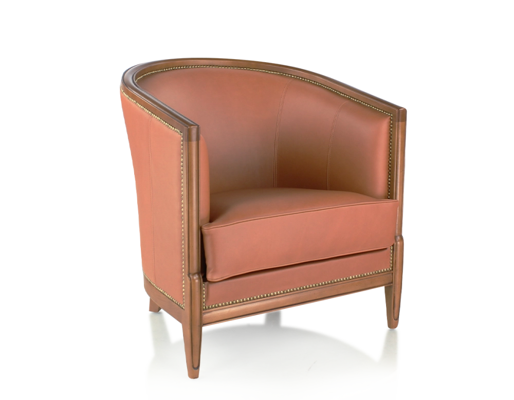 Fauteuil ancien accoudoirs moulurés bois teinte ancienne et cuir châtain