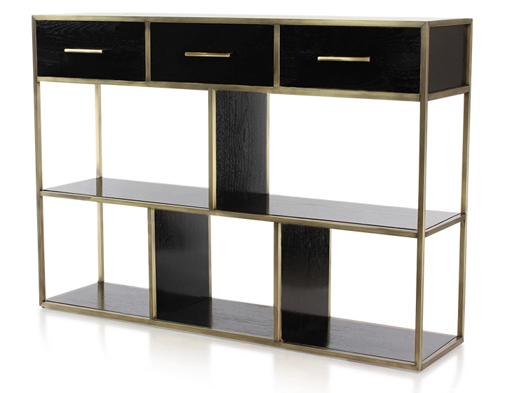 Console design frêne laqué noir et métal patine laiton Console design frêne laqué noir et métal patine laiton