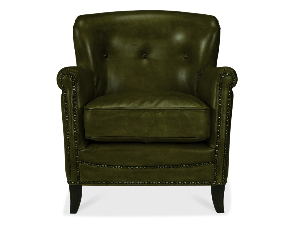 Fauteuil club cuir vert olive accoudoirs cloutés Fauteuil club cuir vert olive accoudoirs cloutés