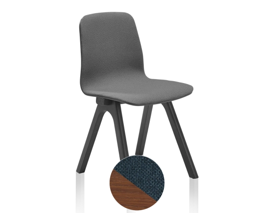 Upholstered oak designer chair walnut stained wood, blue fabric seat