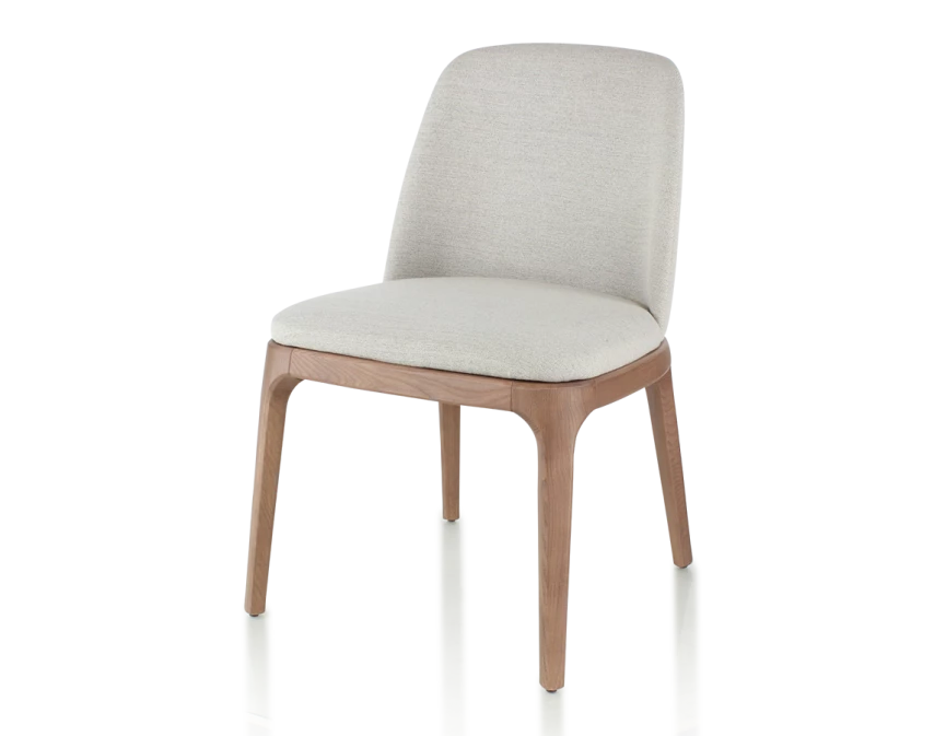 Chaise design bois teinte noyer et tissu beige naturel