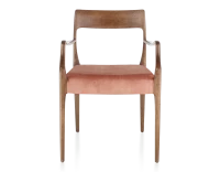 Chaise scandivave avec accoudoirs bois teinte noyer assise tissu velours rose pâle