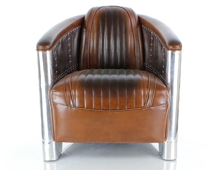 Fauteuil aviateur aluminium riveté et cuir marron vintage Fauteuil aviateur aluminium riveté et cuir marron vintage