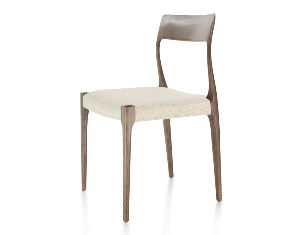 Chaise scandinave bois teinte marron foncé assise tissu chevron beige Chaise scandinave bois teinte marron foncé assise tissu chevron beige