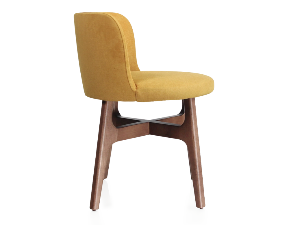 Designer chair walnut-stained wood, yellow fabric seat Designer chair walnut-stained wood, yellow fabric seat