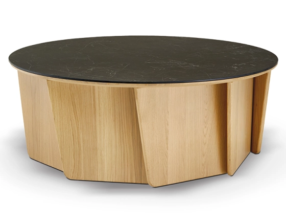 Round coffee table in oak and ceramic with natural stained wood, slate effect ceramic top 80 cm