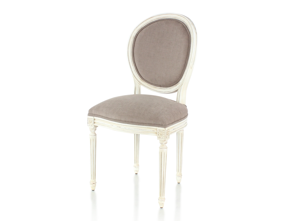 Chaise ancienne style Louis XVI bois teinte blanche cérusée et tissu taupe Chaise ancienne style Louis XVI bois teinte blanche cérusée et tissu taupe
