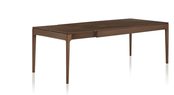Table extensible 6 à 10 personnes en chêne et céramique allonges bois avec bois teinte marron foncé et plateau céramique brun oxydé 140x90 cm