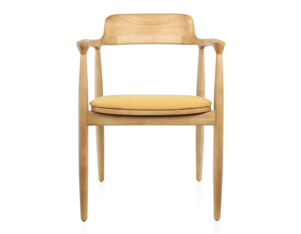 Chaise scandinave bois teinte naturelle et tissu jaune Chaise scandinave bois teinte naturelle et tissu jaune