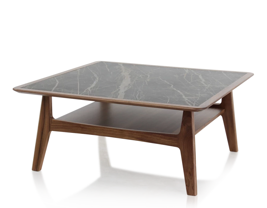 Table basse carré en noyer et céramique bois teinte naturelle plateau céramique effet marbre noir 100x100 cm