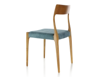 Chaise scandinave bois teinte merisier assise tissu velours bleu pétrole Chaise scandinave bois teinte merisier assise tissu velours bleu pétrole